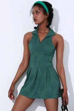 Fashion Dear-Lover Sleeveless V Neck Shirt Collar Sports Mini Dress Blackish Green