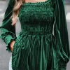 Fashion Dear-Lover Smocked Ribbed Velvet Babydoll Top Blackish Green