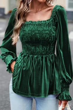 Fashion Dear-Lover Smocked Ribbed Velvet Babydoll Top Blackish Green