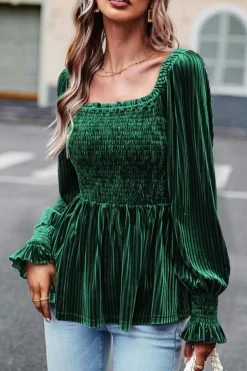 Fashion Dear-Lover Smocked Ribbed Velvet Babydoll Top Blackish Green