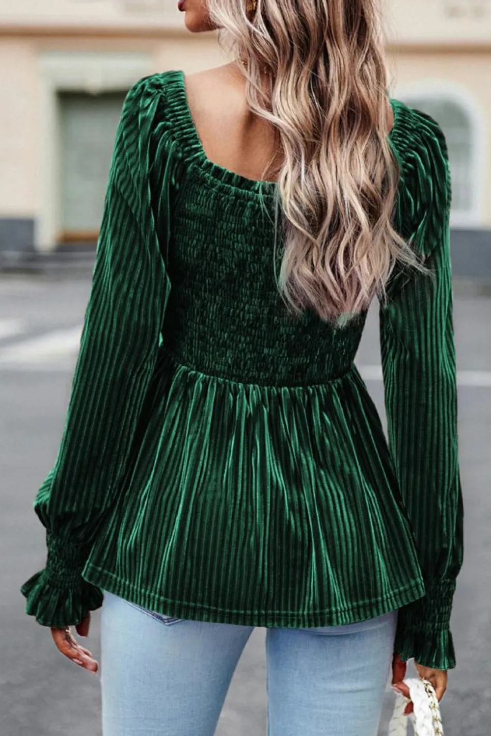 Fashion Dear-Lover Smocked Ribbed Velvet Babydoll Top Blackish Green