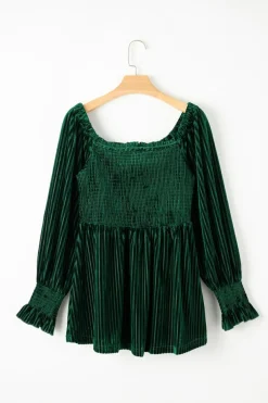Fashion Dear-Lover Smocked Ribbed Velvet Babydoll Top Blackish Green