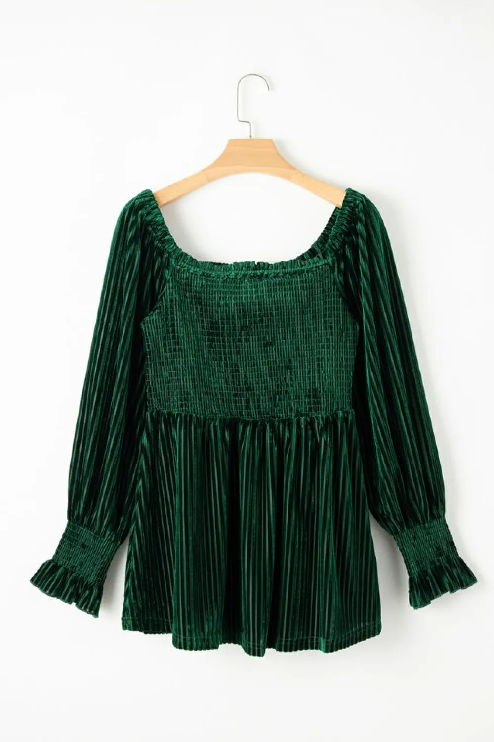 Fashion Dear-Lover Smocked Ribbed Velvet Babydoll Top Blackish Green