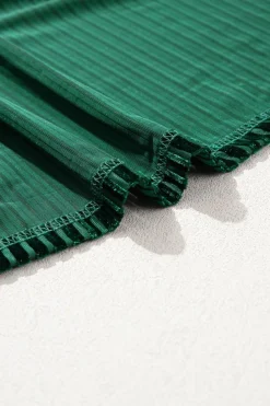 Fashion Dear-Lover Smocked Ribbed Velvet Babydoll Top Blackish Green