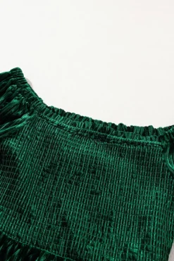 Fashion Dear-Lover Smocked Ribbed Velvet Babydoll Top Blackish Green