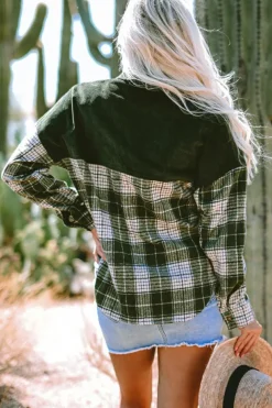 Hot Dear-Lover Snap Buttons Colorblock Plaid Shacket Blackish Green