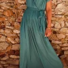 Clearance Dear-Lover Solid Color V Neck Wrap Pleated Short Sleeve Maxi Dress Blackish Green