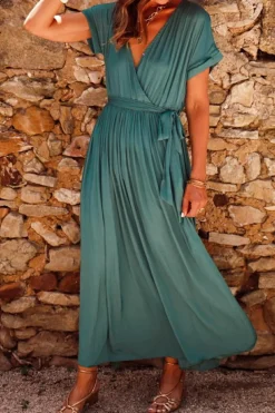 Clearance Dear-Lover Solid Color V Neck Wrap Pleated Short Sleeve Maxi Dress Blackish Green
