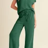 Online Dear-Lover Solid Color Corded Short Sleeve Top and Casual Pants Set Blackish Green
