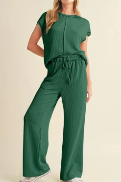 Online Dear-Lover Solid Color Corded Short Sleeve Top and Casual Pants Set Blackish Green