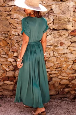 Clearance Dear-Lover Solid Color V Neck Wrap Pleated Short Sleeve Maxi Dress Blackish Green