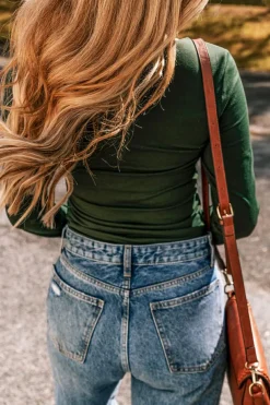 Discount Dear-Lover Solid Color Square Neck Long Sleeve Slim Fit Bodysuit Blackish Green
