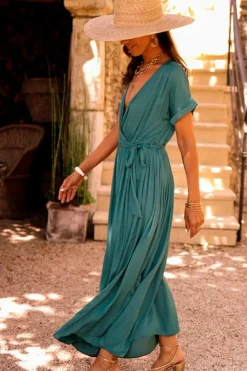 Clearance Dear-Lover Solid Color V Neck Wrap Pleated Short Sleeve Maxi Dress Blackish Green