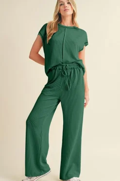 Online Dear-Lover Solid Color Corded Short Sleeve Top and Casual Pants Set Blackish Green