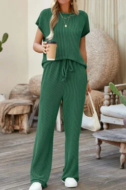 Online Dear-Lover Solid Color Corded Short Sleeve Top and Casual Pants Set Blackish Green