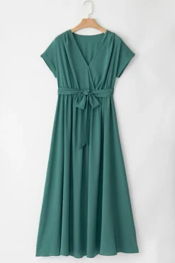 Clearance Dear-Lover Solid Color V Neck Wrap Pleated Short Sleeve Maxi Dress Blackish Green