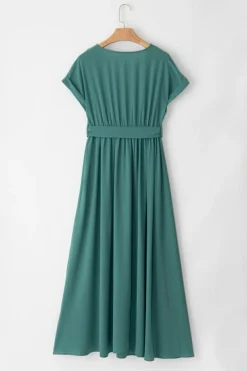 Clearance Dear-Lover Solid Color V Neck Wrap Pleated Short Sleeve Maxi Dress Blackish Green