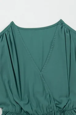 Clearance Dear-Lover Solid Color V Neck Wrap Pleated Short Sleeve Maxi Dress Blackish Green