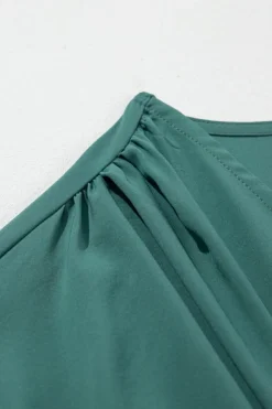 Clearance Dear-Lover Solid Color V Neck Wrap Pleated Short Sleeve Maxi Dress Blackish Green