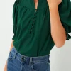 Clearance Dear-Lover Solid Puff Sleeve Frilled Trim Elegant Blouse Blackish Green