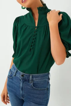 Clearance Dear-Lover Solid Puff Sleeve Frilled Trim Elegant Blouse Blackish Green