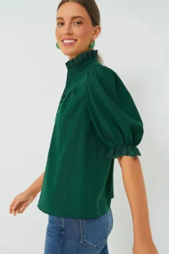 Clearance Dear-Lover Solid Puff Sleeve Frilled Trim Elegant Blouse Blackish Green