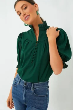 Clearance Dear-Lover Solid Puff Sleeve Frilled Trim Elegant Blouse Blackish Green
