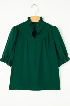 Clearance Dear-Lover Solid Puff Sleeve Frilled Trim Elegant Blouse Blackish Green
