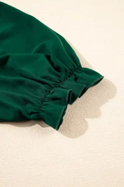 Clearance Dear-Lover Solid Puff Sleeve Frilled Trim Elegant Blouse Blackish Green