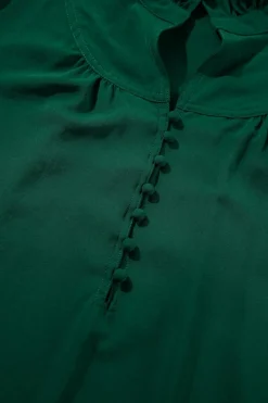 Clearance Dear-Lover Solid Puff Sleeve Frilled Trim Elegant Blouse Blackish Green