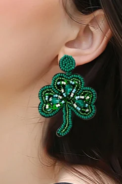 Online Dear-Lover St Patrick Shamrock Rice Beaded Stud Earrings Blackish Green
