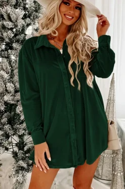 Hot Dear-Lover Velvet Button Front Shirt Mini Dress Blackish Green