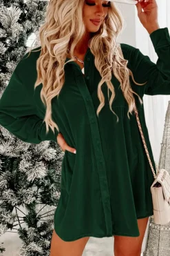 Hot Dear-Lover Velvet Button Front Shirt Mini Dress Blackish Green