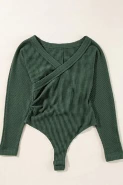 Sale Dear-Lover Waffle Knit Slim Fit Wrap V Neck Bodysuit Blackish Green