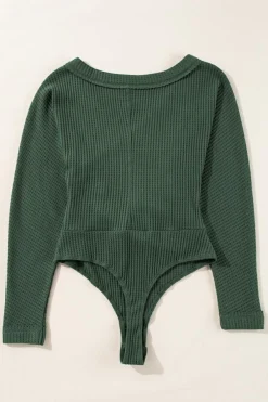 Sale Dear-Lover Waffle Knit Slim Fit Wrap V Neck Bodysuit Blackish Green