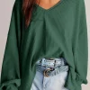 Sale Dear-Lover Waffle V Neck Long Sleeve Drop Shoulder Loose Blouse Blackish Green