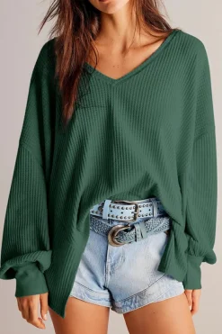 Sale Dear-Lover Waffle V Neck Long Sleeve Drop Shoulder Loose Blouse Blackish Green