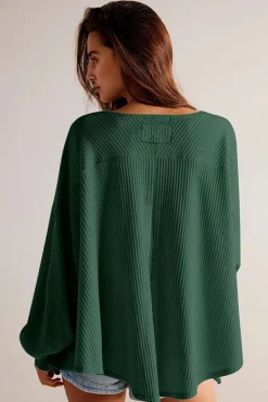 Sale Dear-Lover Waffle V Neck Long Sleeve Drop Shoulder Loose Blouse Blackish Green