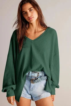 Sale Dear-Lover Waffle V Neck Long Sleeve Drop Shoulder Loose Blouse Blackish Green