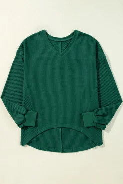 Sale Dear-Lover Waffle V Neck Long Sleeve Drop Shoulder Loose Blouse Blackish Green