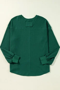 Sale Dear-Lover Waffle V Neck Long Sleeve Drop Shoulder Loose Blouse Blackish Green