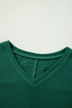 Sale Dear-Lover Waffle V Neck Long Sleeve Drop Shoulder Loose Blouse Blackish Green