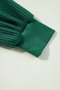 Sale Dear-Lover Waffle V Neck Long Sleeve Drop Shoulder Loose Blouse Blackish Green