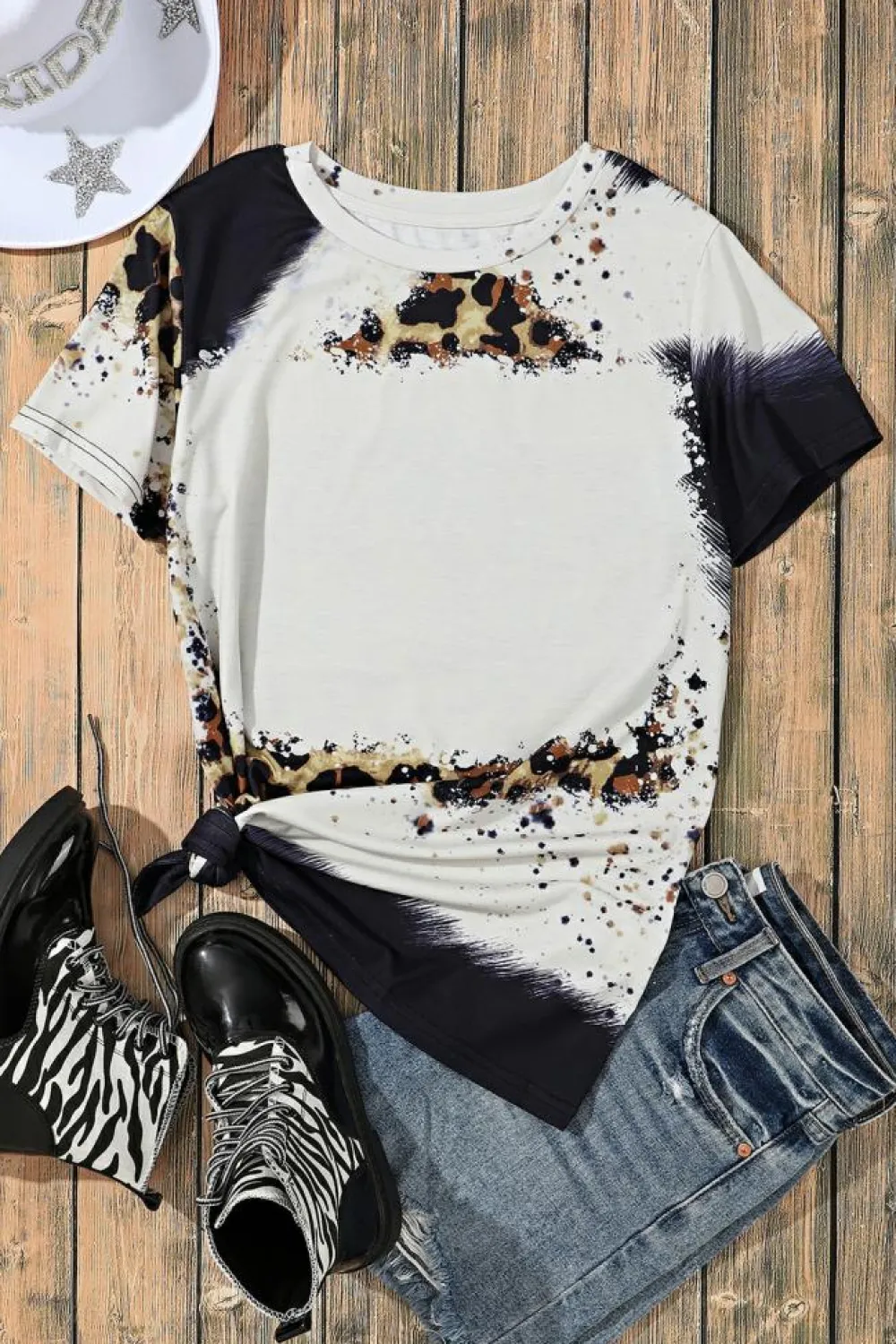 Hot Dear-Lover Bleached Short Sleeve Top Leopard