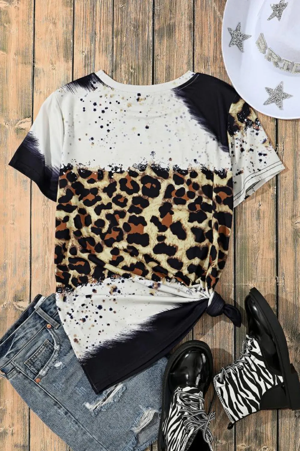 Hot Dear-Lover Bleached Short Sleeve Top Leopard