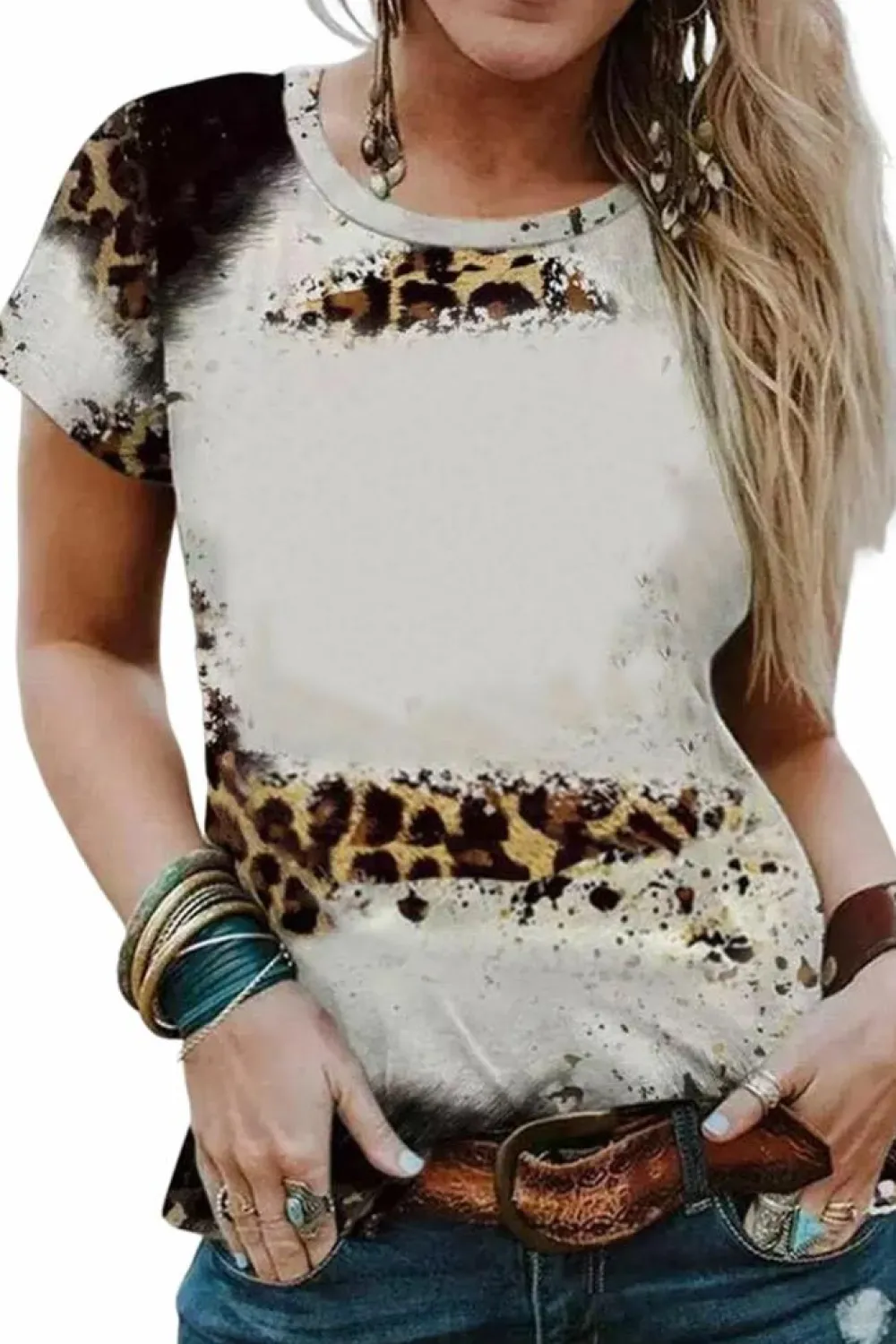 Hot Dear-Lover Bleached Short Sleeve Top Leopard
