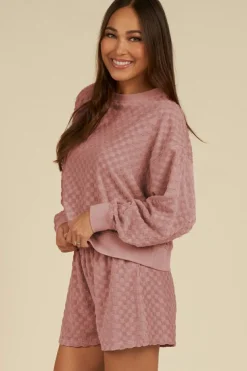 Discount Dear-Lover Checkered Textured Long Sleeve Top and Shorts Set Blossom