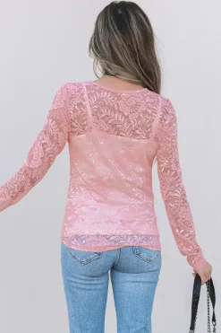Best Dear-Lover Floral Lace Sheer Long Sleeve Top Blossom