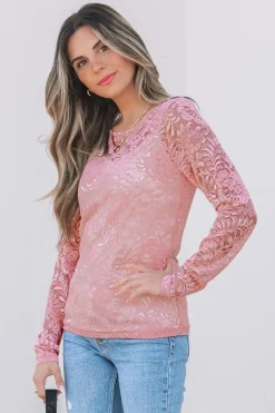 Best Dear-Lover Floral Lace Sheer Long Sleeve Top Blossom