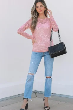 Best Dear-Lover Floral Lace Sheer Long Sleeve Top Blossom